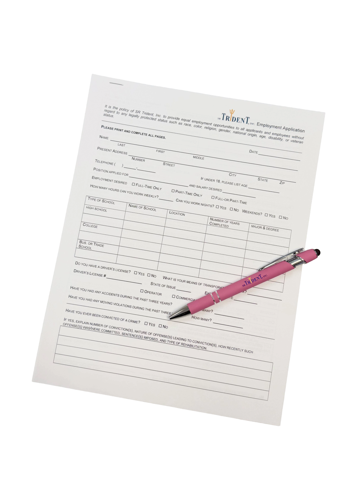 SR Trident, Inc. employment application for "Careers" page.